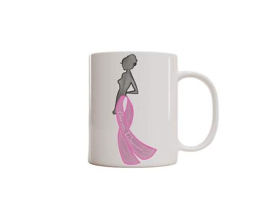 Sip with Purpose – Breast Cancer Awareness Mug. Lady Silhouette with cancer ribbons trousers