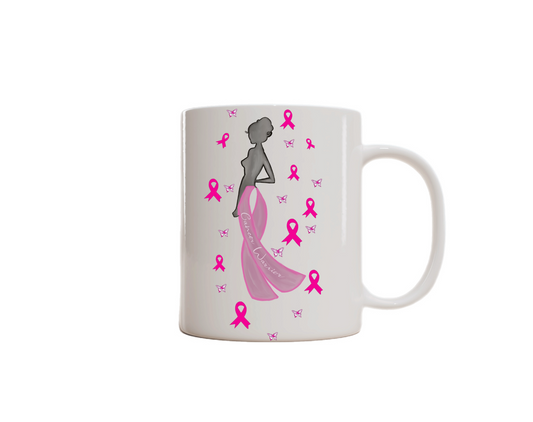 Sip with Purpose – Breast Cancer Awareness Mug. Lady Silhouette with cancer ribbons.